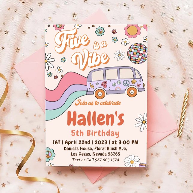Five a Vibe Groovy Retro Rainbow 5th Birthday Invitation (Creator Uploaded)