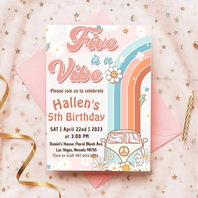 Five a Vibe Groovy Retro Rainbow 5th Birthday Invitation (Creator Uploaded)