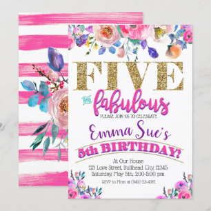 Five and Fabulous Girls Floral 5th Birthday Invitation