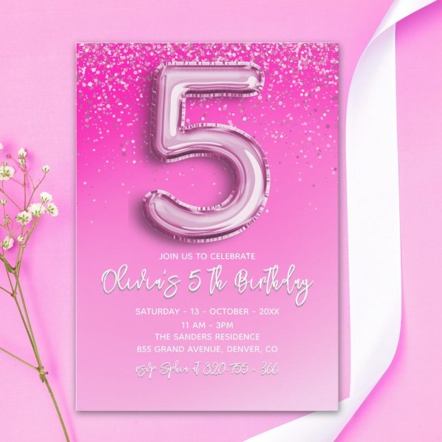 Five and Fabulous Pink Glitter Birthday Girl Invitation (Creator Uploaded)