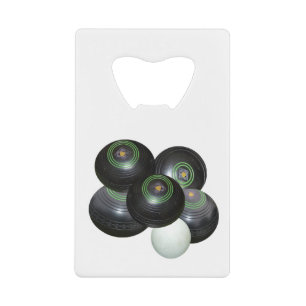 Five Black Lawn Bowls With Jack, Bottle Opener