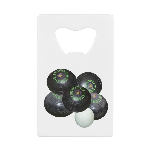 Five Black Lawn Bowls With Jack, Bottle Opener (Front)