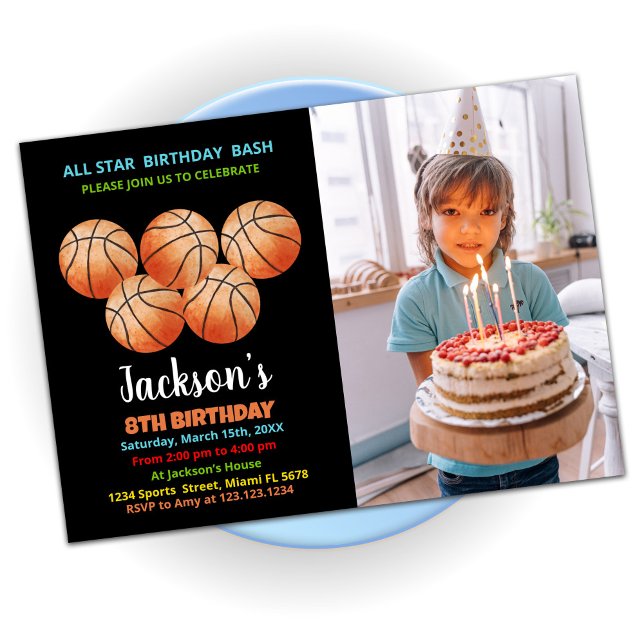 Five Black Orange Basketball Birthday Photo Invitation (Creator Uploaded)