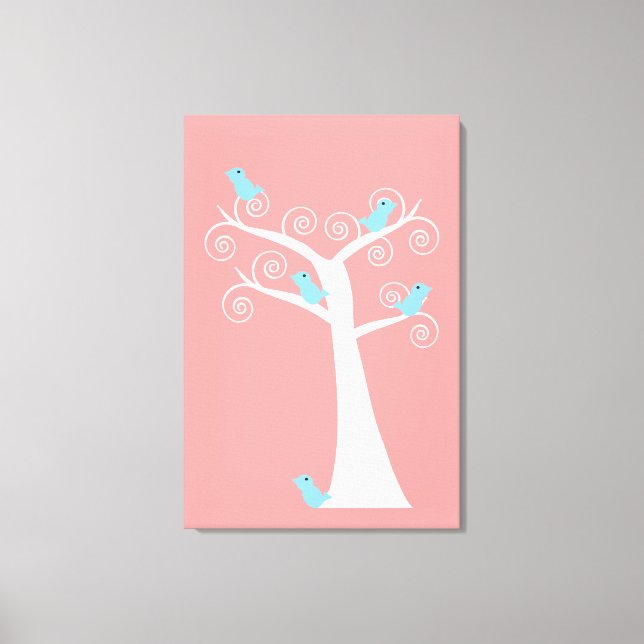 Five Blue Birds in a Tree Stretched Canvas Print (Front)