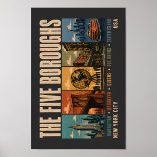 Five Boroughs New York City NYC Illustration Retro Poster