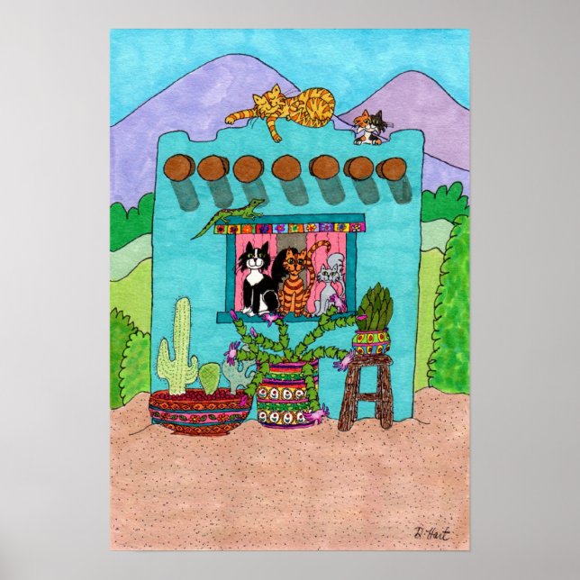 Five Cats at an Aqua Adobe House Poster (Front)