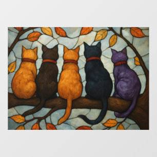 Five Cats on a Tree Branch Stained Glass Style