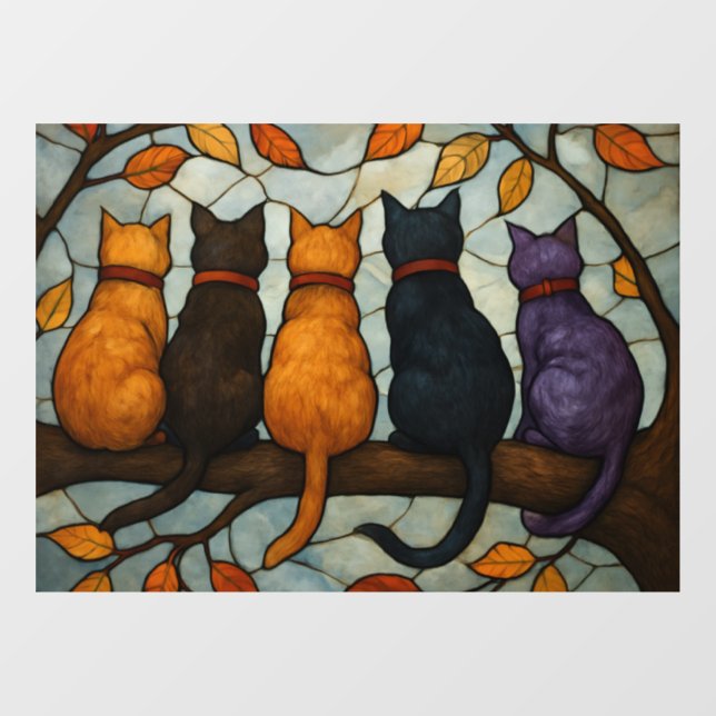 Five Cats on a Tree Branch Stained Glass Style (Sheet)