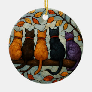 Five Cats on a Tree Branch Stained Glass Style Ceramic Tree Decoration