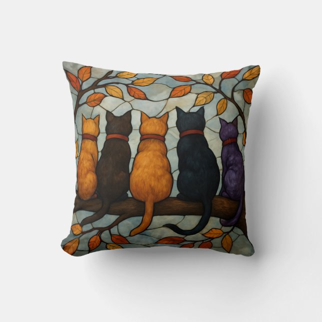 Five Cats on a Tree Branch Stained Glass Style Cushion (Front)