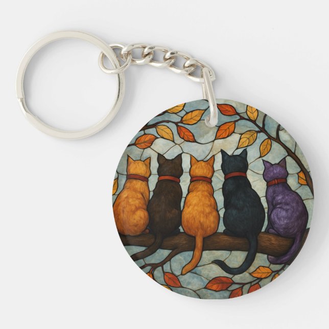 Five Cats on a Tree Branch Stained Glass Style Key Ring (Front)