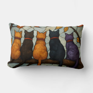 Five Cats on a Tree Branch Stained Glass Style Lumbar Cushion