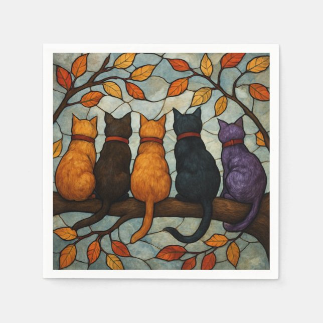 Five Cats on a Tree Branch Stained Glass Style Napkin (Front)
