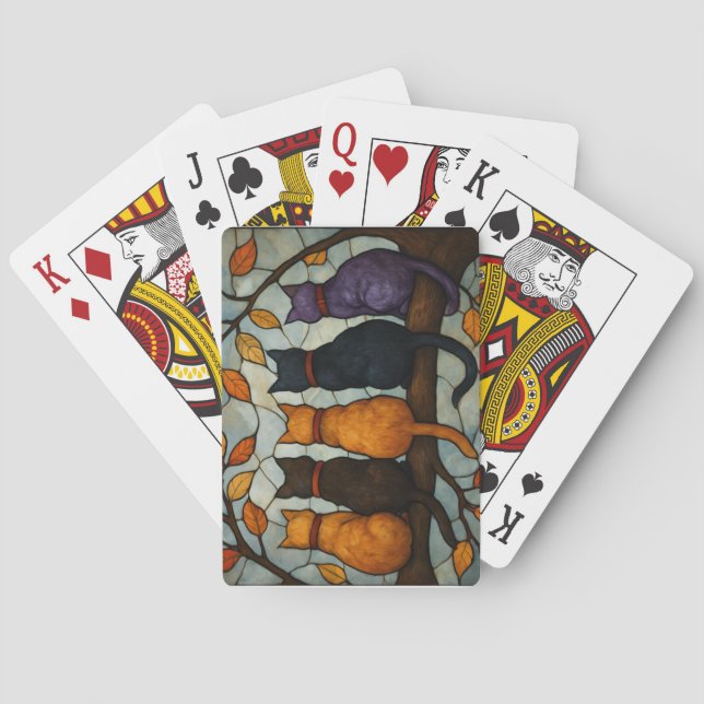 Five Cats on a Tree Branch Stained Glass Style Playing Cards (Back)
