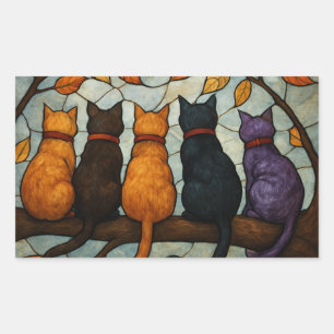 Five Cats on a Tree Branch Stained Glass Style Rectangular Sticker