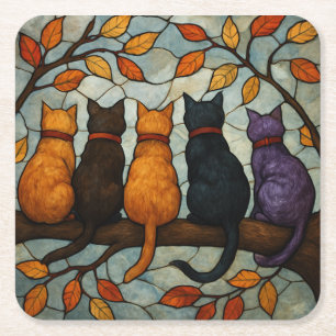 Five Cats on a Tree Branch Stained Glass Style Square Paper Coaster