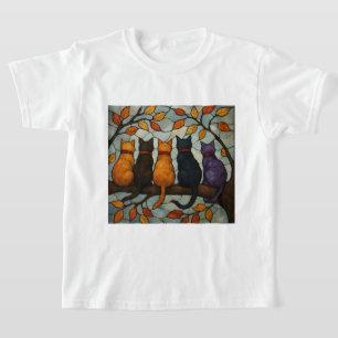 Five Cats on a Tree Branch Stained Glass Style T-Shirt