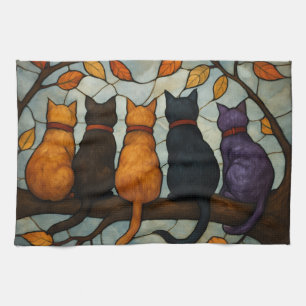 Five Cats on a Tree Branch Stained Glass Style Tea Towel