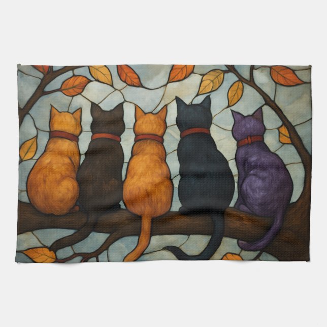 Five Cats on a Tree Branch Stained Glass Style Tea Towel (Horizontal)