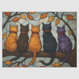 Five Cats on a Tree Branch Stained Glass Style Tissue Paper