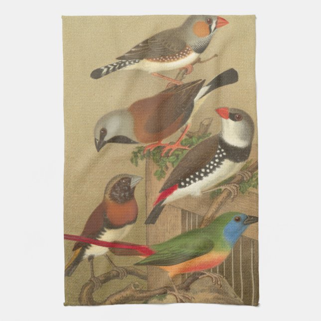 Five Colourful Pet Birds Perched on a Branch Tea Towel (Vertical)