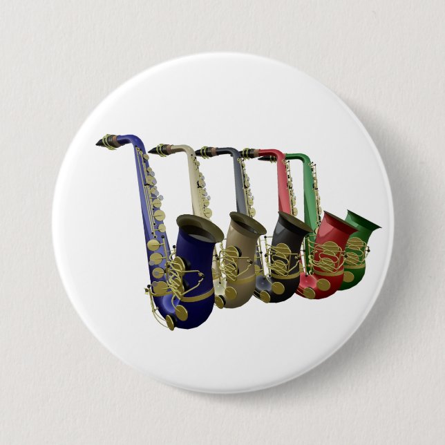 Five Colourful Saxophones Button Badge Name Tag (Front)