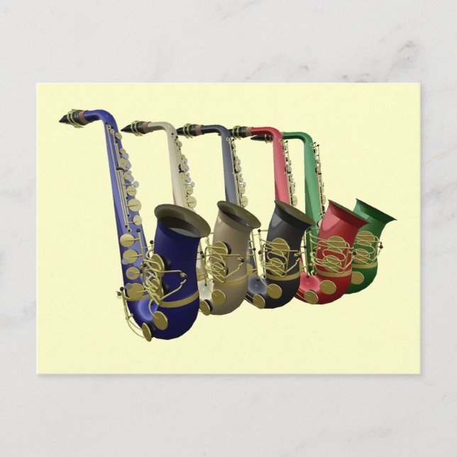 Five Colourful Saxophones In A Line Postcard (Front)
