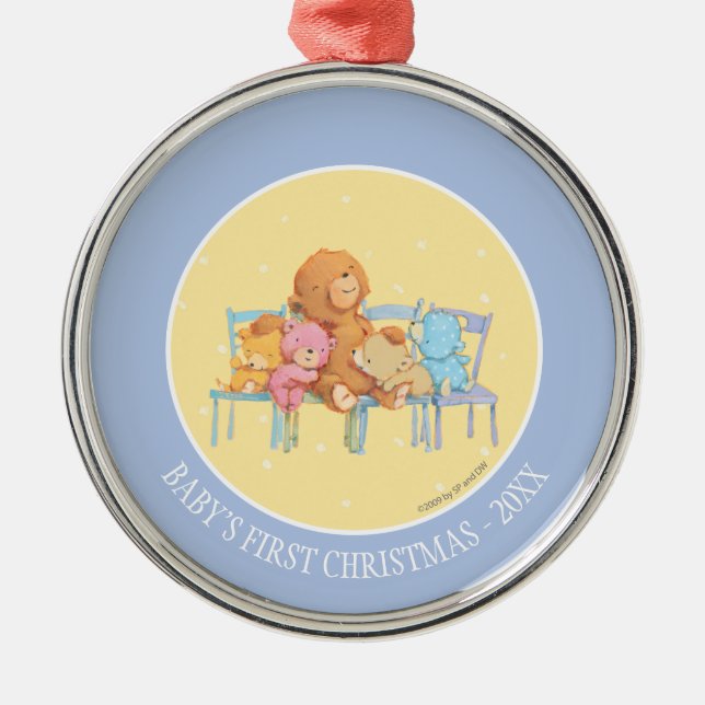 Five Cuddly and Colourful Bears On Chairs Metal Tree Decoration (Front)