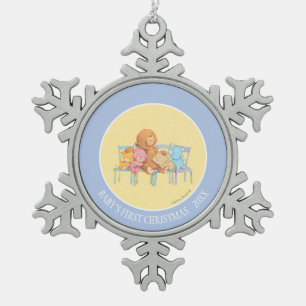 Five Cuddly and Colourful Bears On Chairs Snowflake Pewter Christmas Ornament