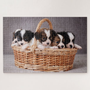 Five cute puppies in a basket jigsaw puzzle