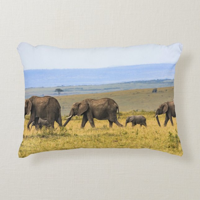 FIVE ELEPHANTS ON BROWN GRASS DECORATIVE CUSHION (Front)