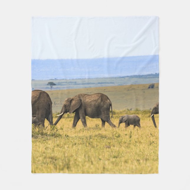 FIVE ELEPHANTS ON BROWN GRASS FLEECE BLANKET (Front)