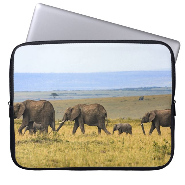FIVE ELEPHANTS ON BROWN GRASS LAPTOP SLEEVE (Front)