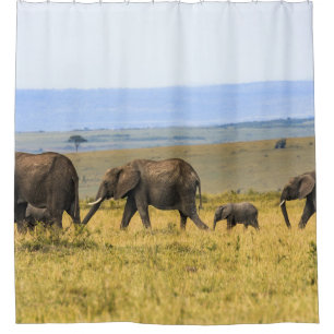 FIVE ELEPHANTS ON BROWN GRASS SHOWER CURTAIN