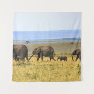 FIVE ELEPHANTS ON BROWN GRASS TAPESTRY
