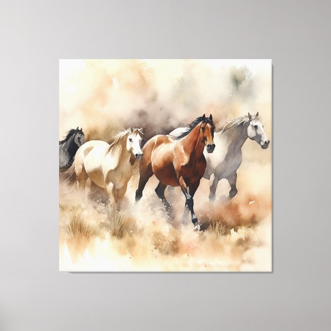 “Five Galloping Mustangs” Dusty Western Watercolou Canvas Print (Front)