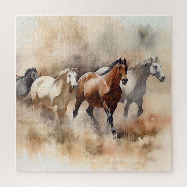 “Five Galloping Mustangs” Dusty Western Watercolou Jigsaw Puzzle (Vertical)