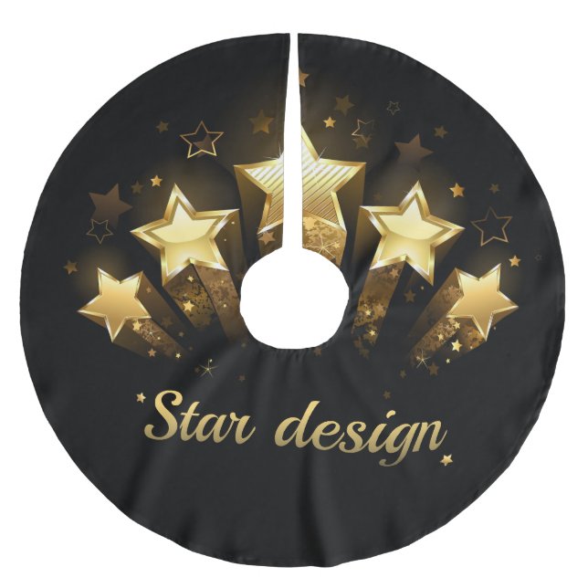 Five gold stars on black brushed polyester tree skirt (Front)