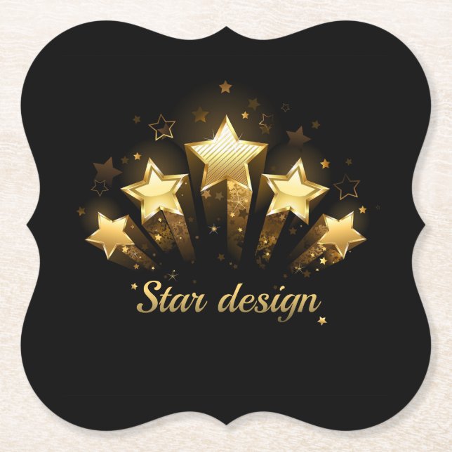 Five gold stars on black paper coaster (Front)