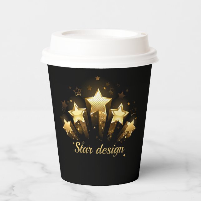 Five gold stars on black paper cups (Front)