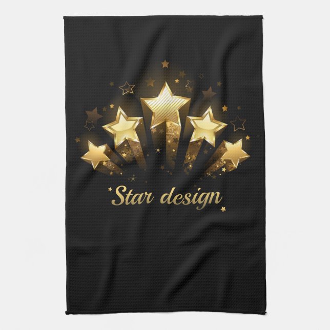 Five gold stars on black tea towel (Vertical)