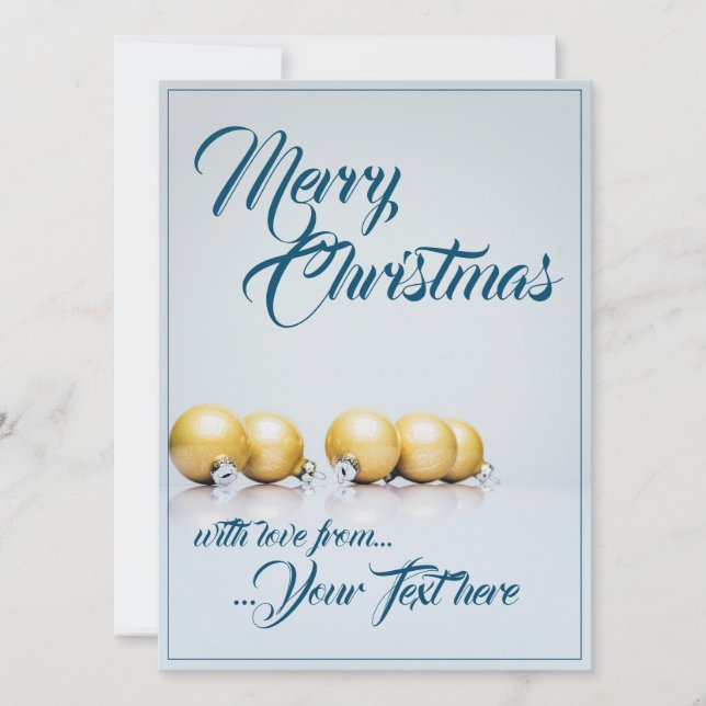 Five golden christmas balls - blue writing (Front)