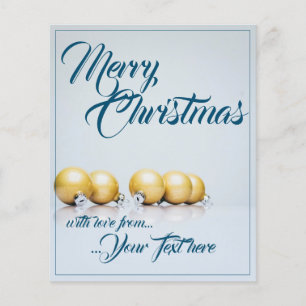 Five golden christmas balls - blue writing