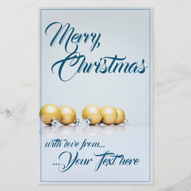 Five golden christmas balls - blue writing (Front)