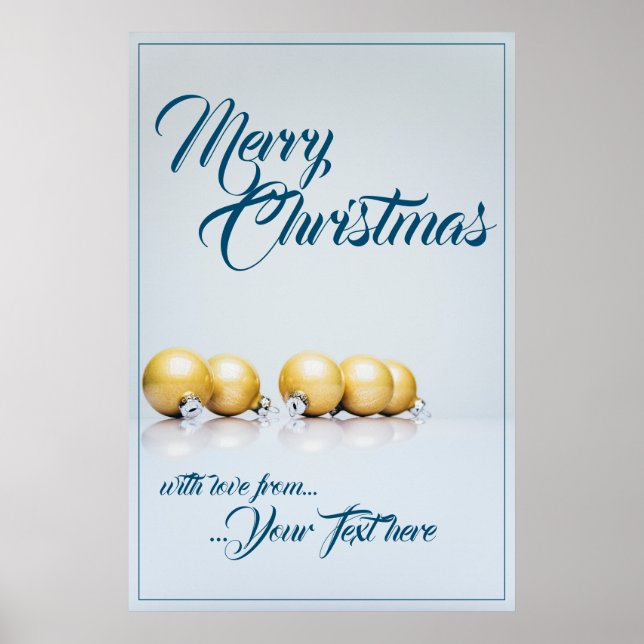Five golden christmas balls - blue writing poster (Front)