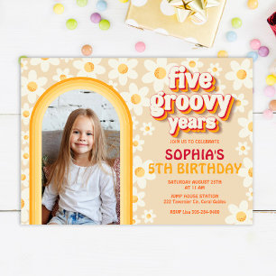 Five Groovy Retro Daisy Photo Birthday Invitation