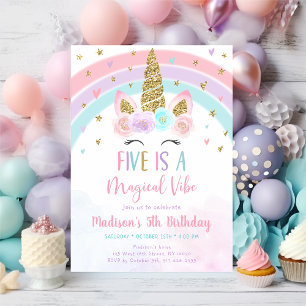 Five Is A Magical Vibe Unicorn 5th Birthday Invitation