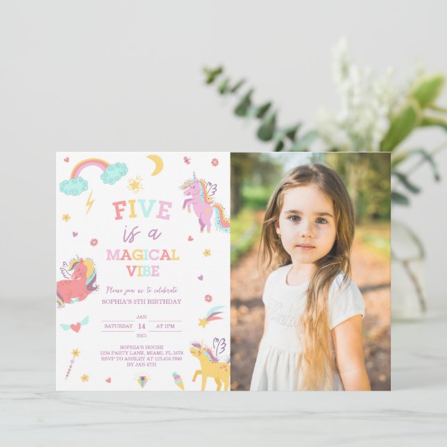 Five is a Magical Vibe Unicorn 5th Birthday Photo Invitation (Standing Front)