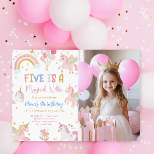 Five Is A Magical Vibe Unicorn Birthday Photo Invitation