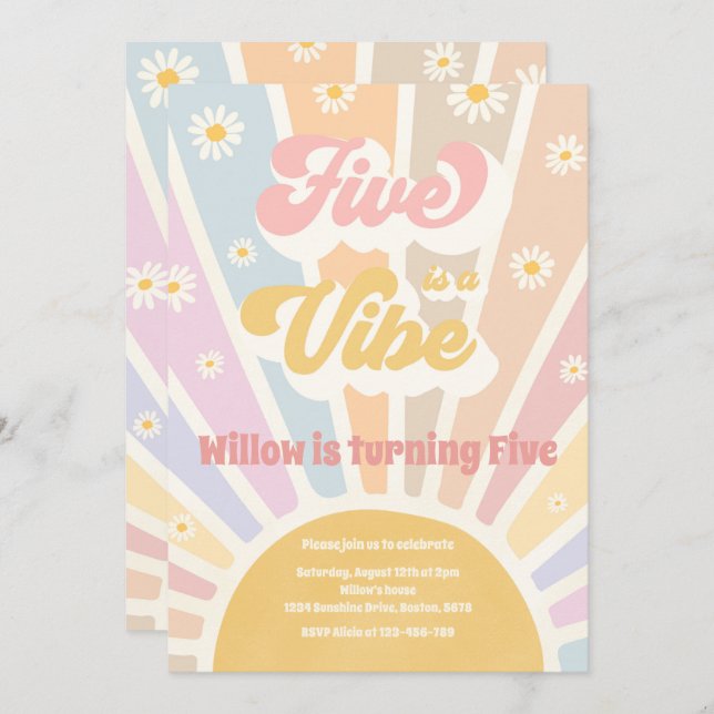 Five Is A Vibe Boho Sunshine 5th Birthday Party Invitation (Front/Back)